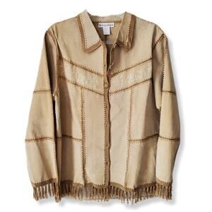 VTG Women Tan Suede Patchwork Croche Jacket L Boho Hippie Western Prairie Fringe